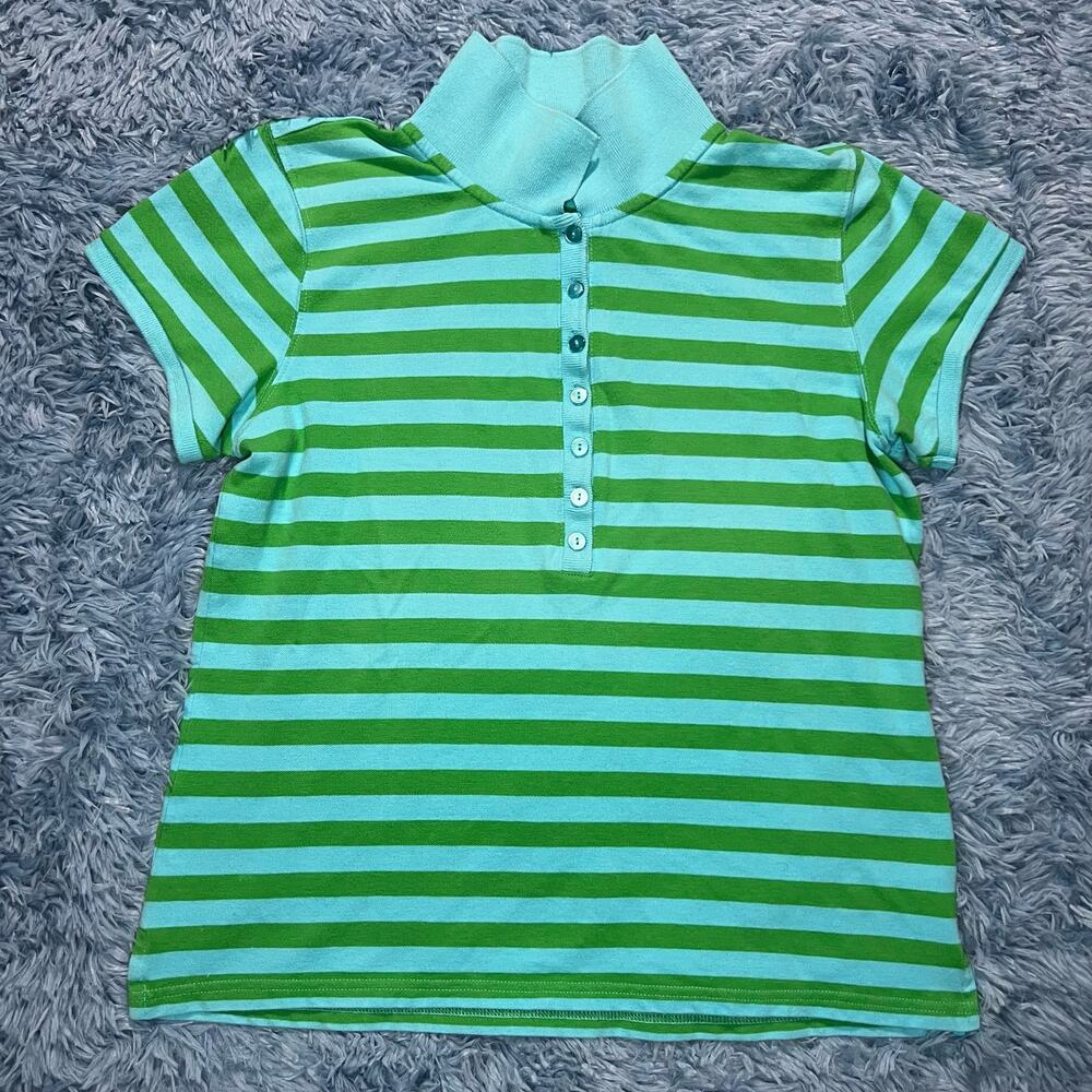 VINTAGE Striped Polo Collar Shirt Size Large Womens Liz Claiborne Blue Green Y2
